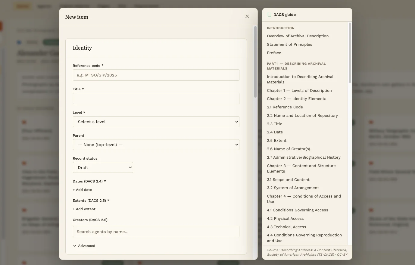 The new-record form, with reference code, title, level, parent, dates and extents, open beside a DACS guide panel listing the standard's chapters and numbered elements.