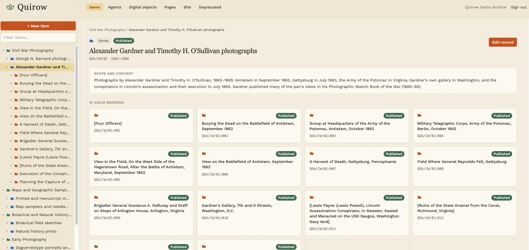 The item finder: a collection tree on the left, and a selected series showing its scope and content note above a grid of its child records, each marked Published.