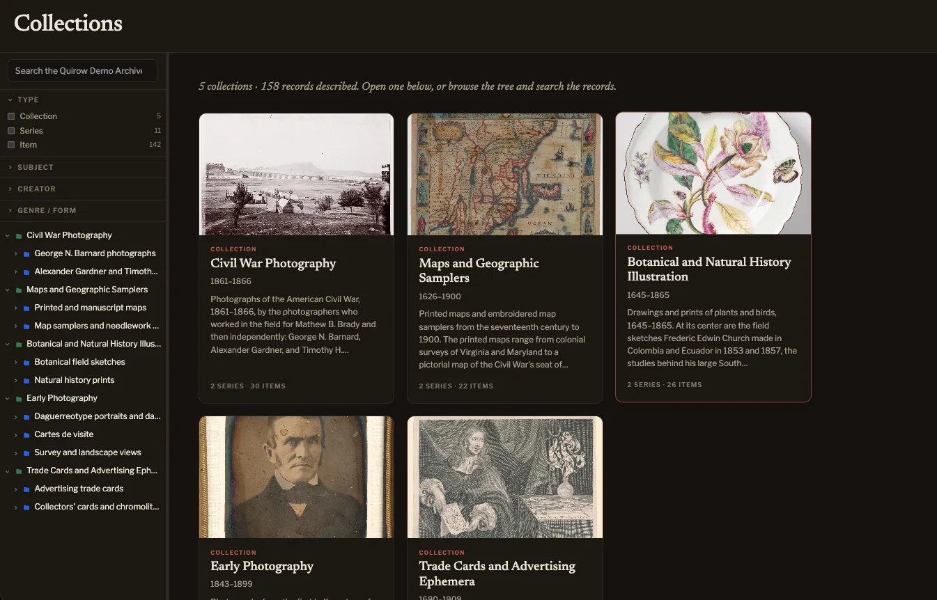 The public research view: search, faceted filters and a collection tree on the left, and the archive's collections as cards with an image, dates and a scope note.